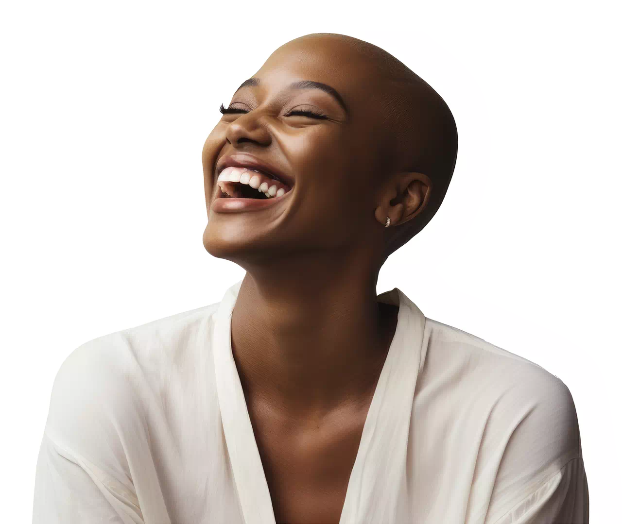 Woman without hair smiling.