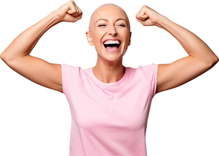 Woman without hair cheering and smiling.